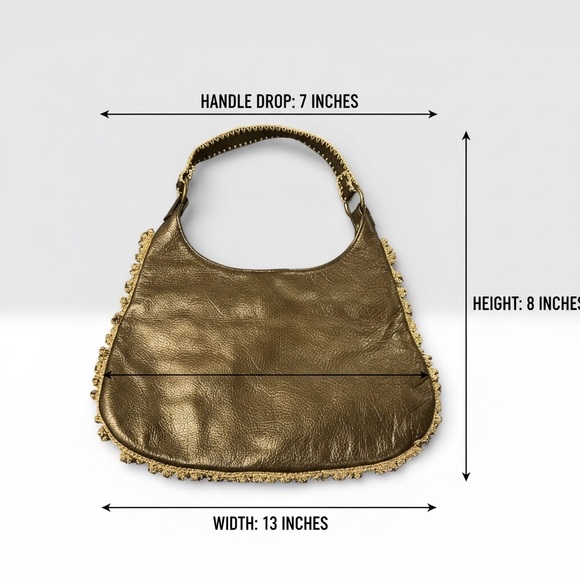 Vintage Rare Isabella Fiore Gold Leather Satchel Shoulder Bag  with Beaded Trim - Picture 5 of 7